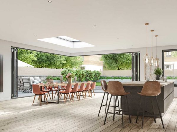 Home interior with a big black window